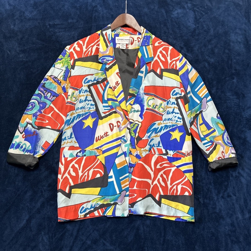 Vintage Carol Horn 100% Silk Artsy Blazer Size S Pop Art 80'S Mix Print Graffiti